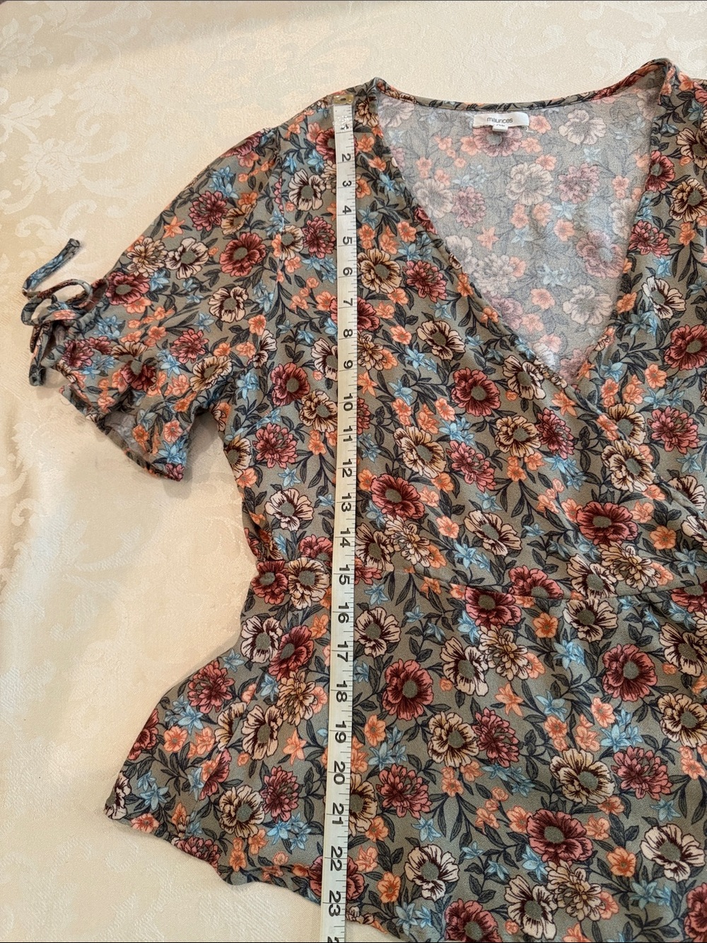 Maurices Dusty GreenFloral Wrap Top with Peach and Cream Blooms - Picture 10 of 12